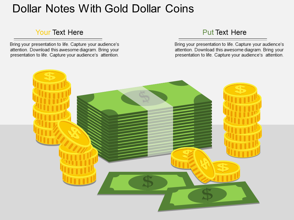 Dollar Notes with Gold Dollar Coins Flat PowerPoint Design