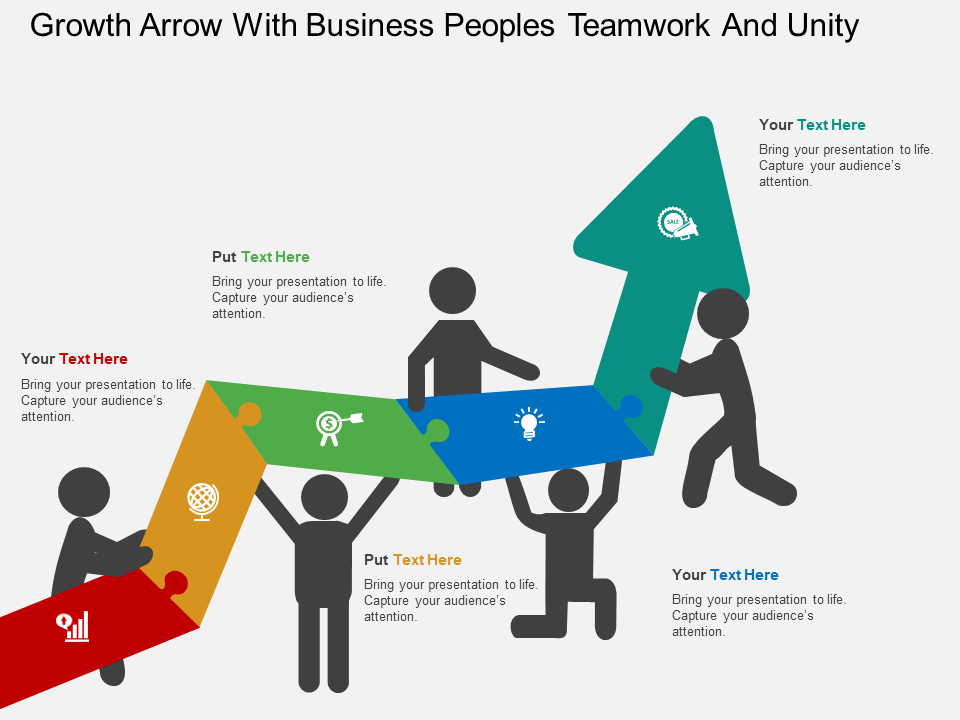 Growth Arrow With Business Peoples Teamwork And Unity Flat PowerPoint Design