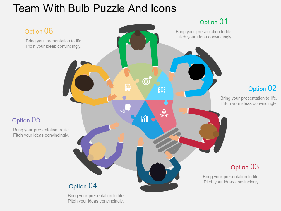 Team With Bulb Puzzle And Icons Flat PowerPoint Design