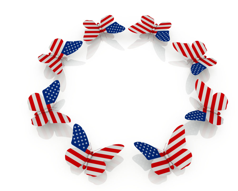 US Flag Designed Butterflies In Circle Showing Team Formation Stock Photo