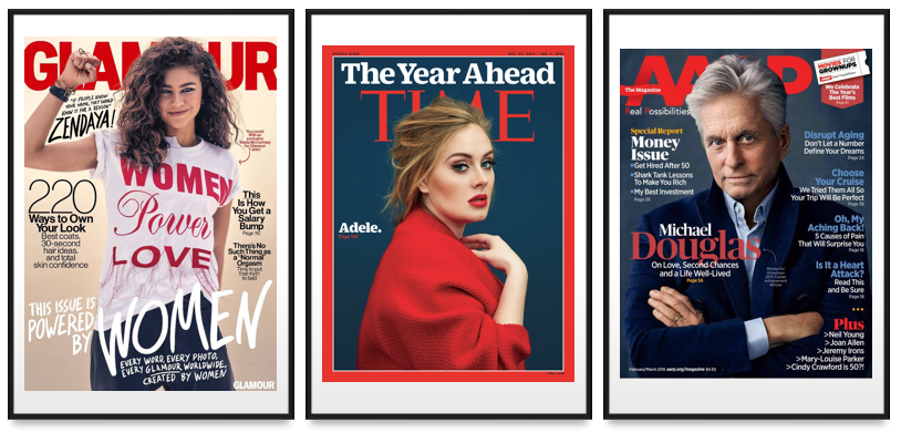 Magazine covers with name behind image