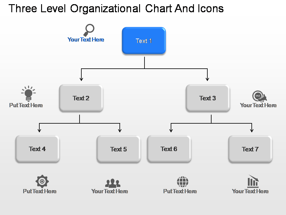 Three Level Organizational Chart And Icons PowerPoint Template