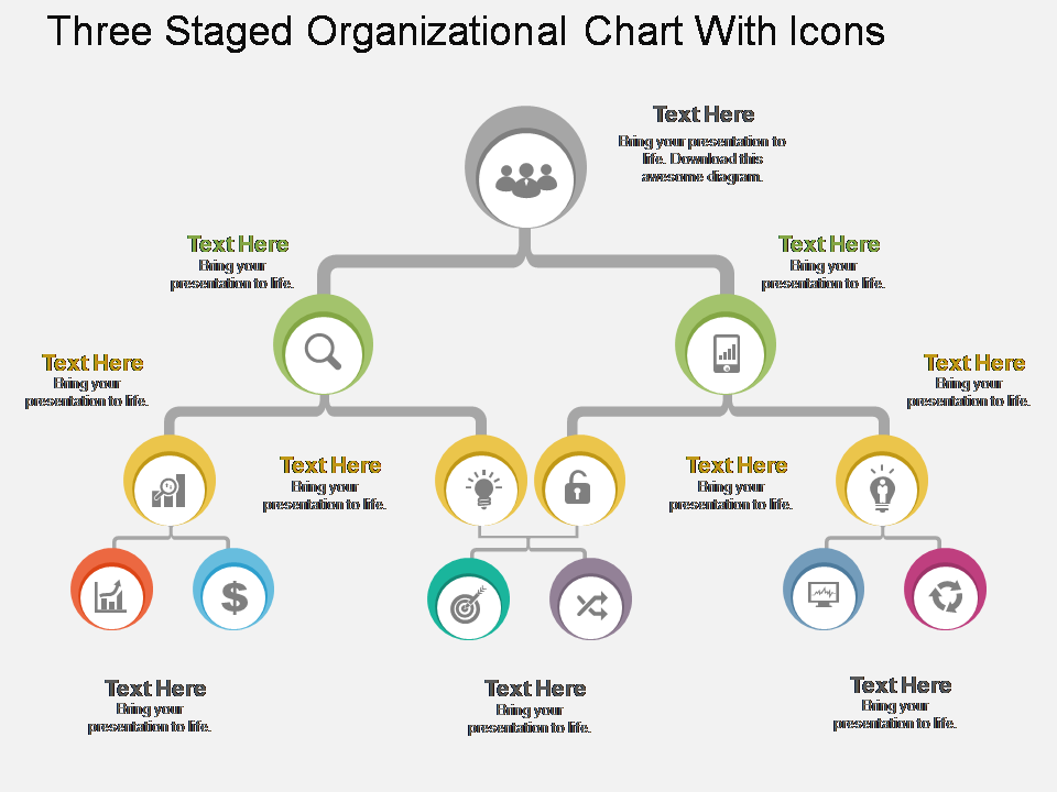 Three Staged Organizational Chart With Icons Flat PowerPoint Design