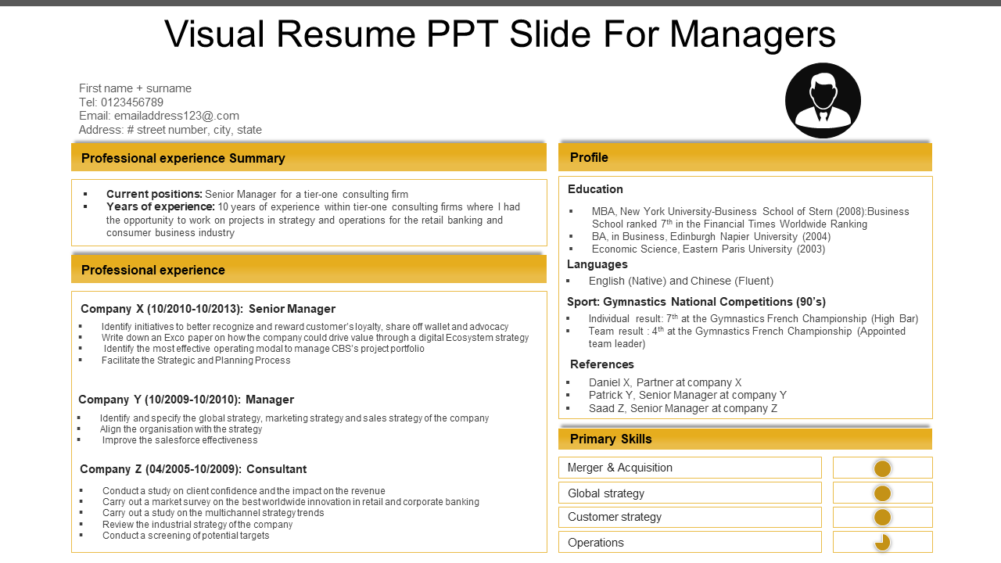 Visual Resume PPT Slide For Managers