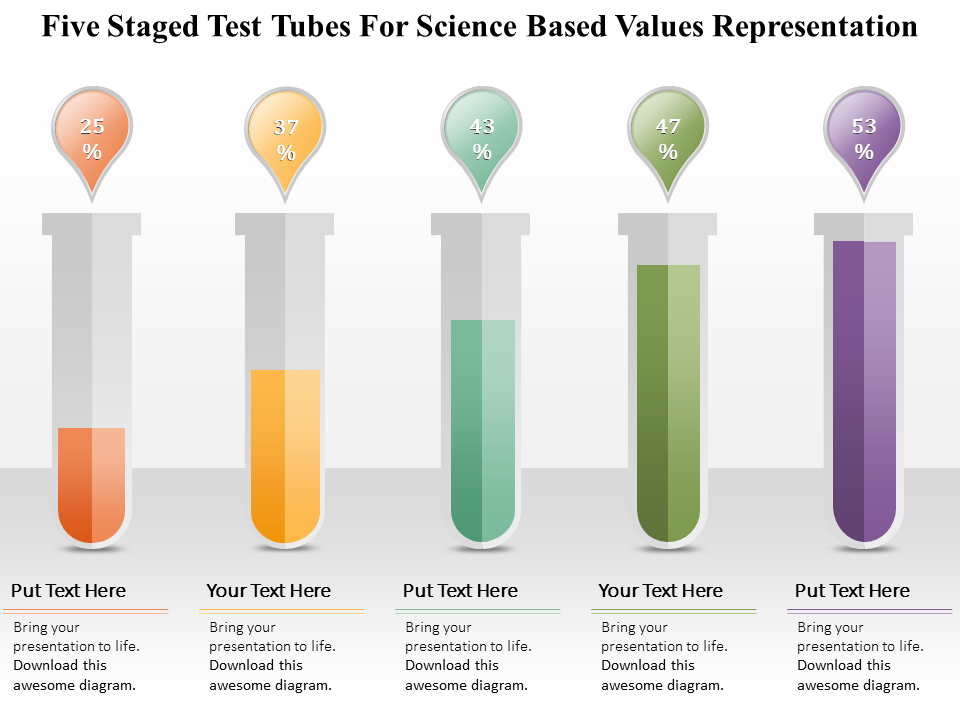 Five Staged Test Tubes For Science Based Values Representation PowerPoint Template-