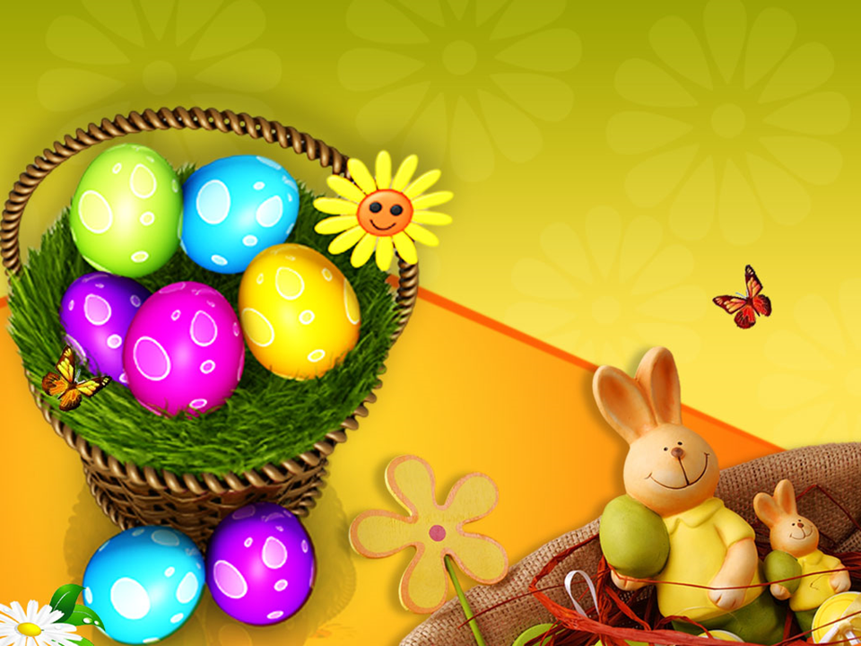 Easter Bunnies Colorful Eggs In Basket PowerPoint Templates PPT Backgrounds