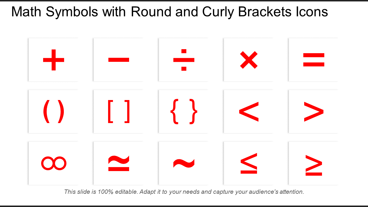 Math symbols with round and curly brackets icons PPT Slide