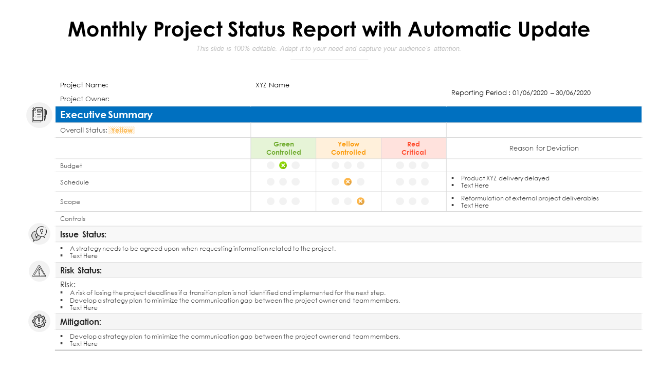 Monthly Project Status Report With Automatic Update