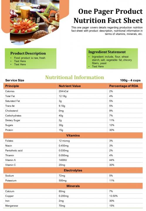 One-pager Product Nutrition Fact Sheet