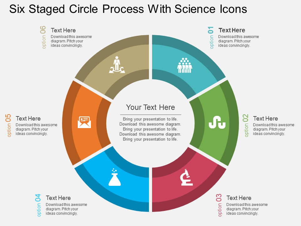 Six Staged Circle Process With Science Icons Flat PowerPoint Design