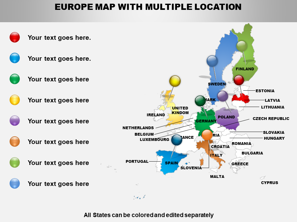 Europe Map with Multiple Locations PPT Presentation Slides-