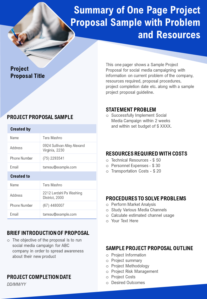 One page project proposal project management templates
