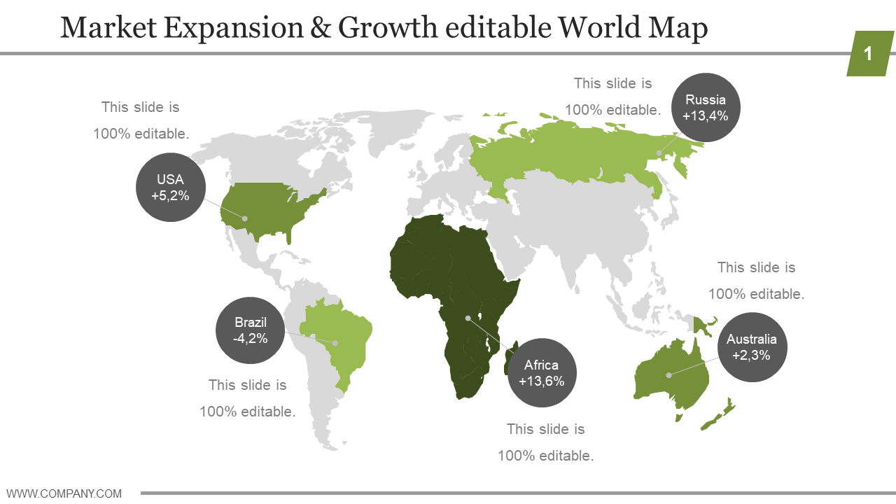 Market Expansion And Growth Editable World Map PPT Model