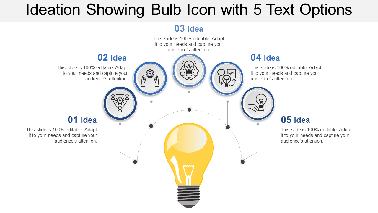 Ideation Showing Bulb Icon With 5 Text Options
