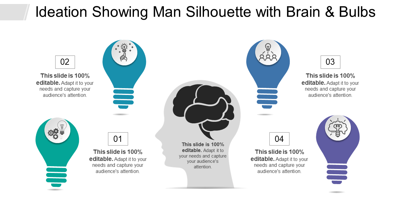 Ideation Showing Man Silhouette With Brain And Bulbs