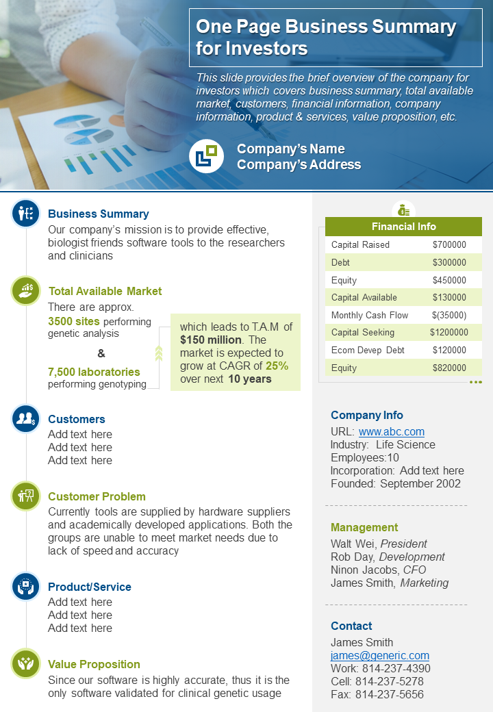 One Page Business Summary For Investors Document PPT PDF Doc Printable