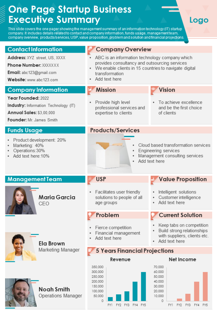 One-page Startup Business Summary Template