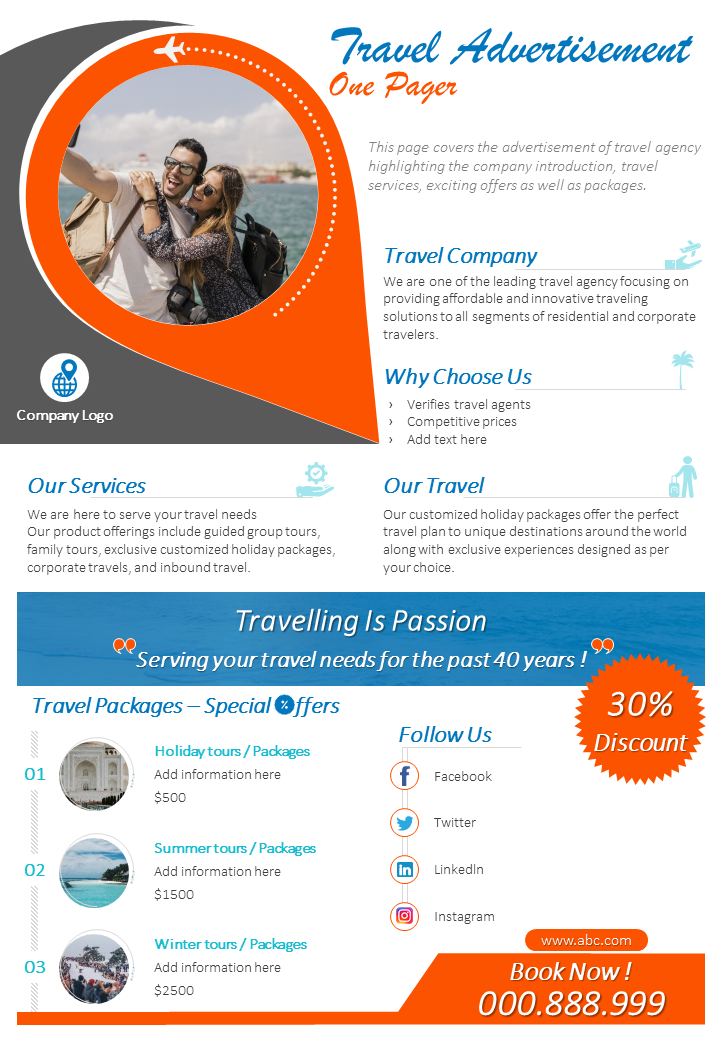 Travel Advertisement One Pager Presentation Report Infographic PPT PDF Document
