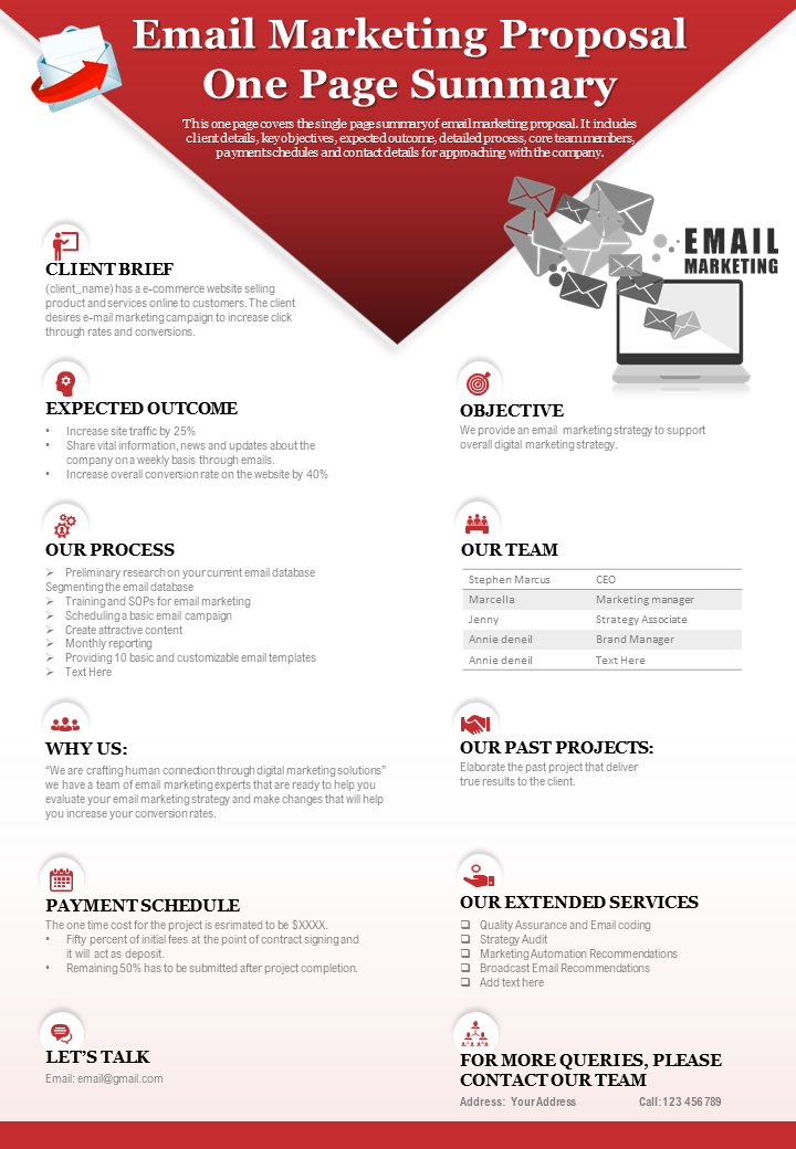 Email Marketing Proposal One Page Summary Presentation Report Infographic PPT PDF Document