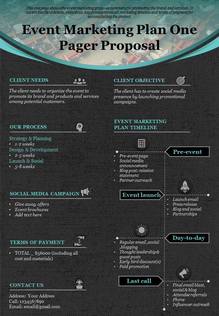 Event Marketing Plan One Pager Proposal Presentation Report Infographic PPT PDF Document