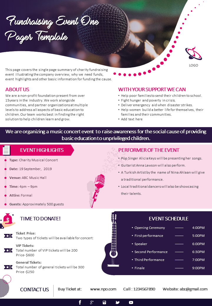 Fundraising Event One Pager Template Presentation Report Infographic PPT PDF Document