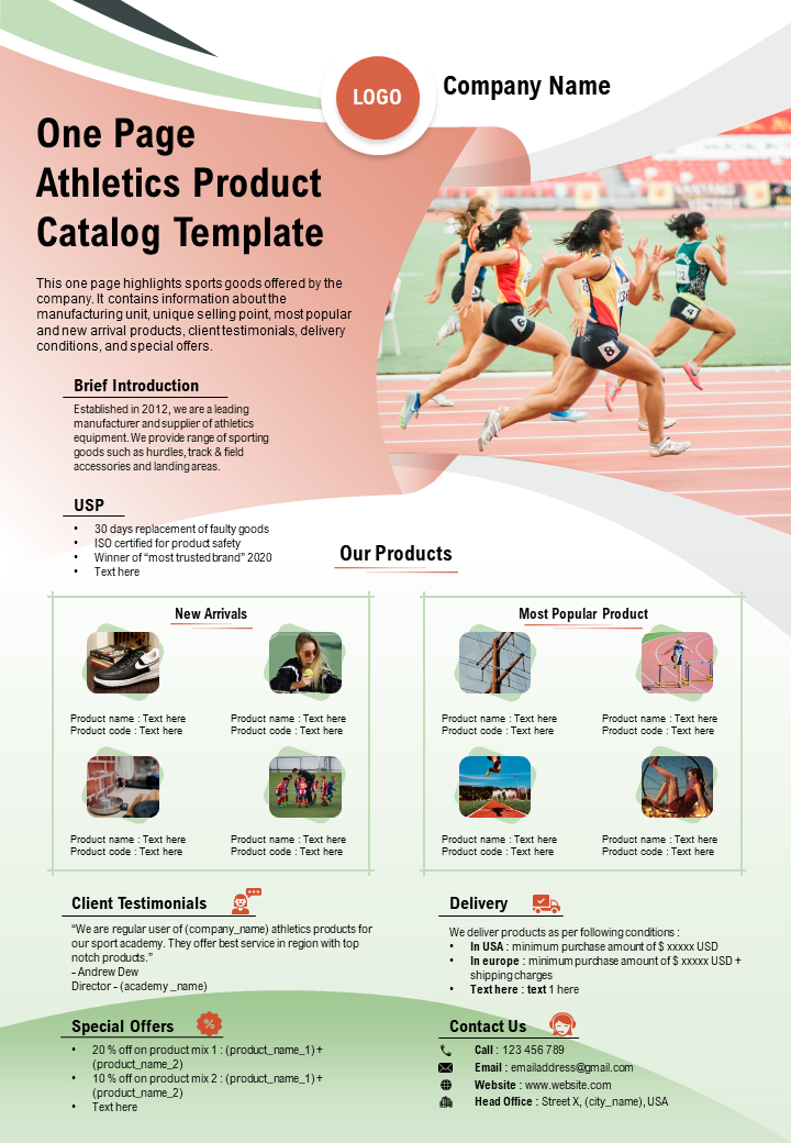 One Page Athletics Product Catalog Template Presentation Report Infographic PPT PDF Document