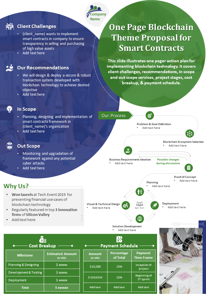 One Page Blockchain Theme Proposal For Smart Contracts Presentation Report Infographic PPT PDF Document