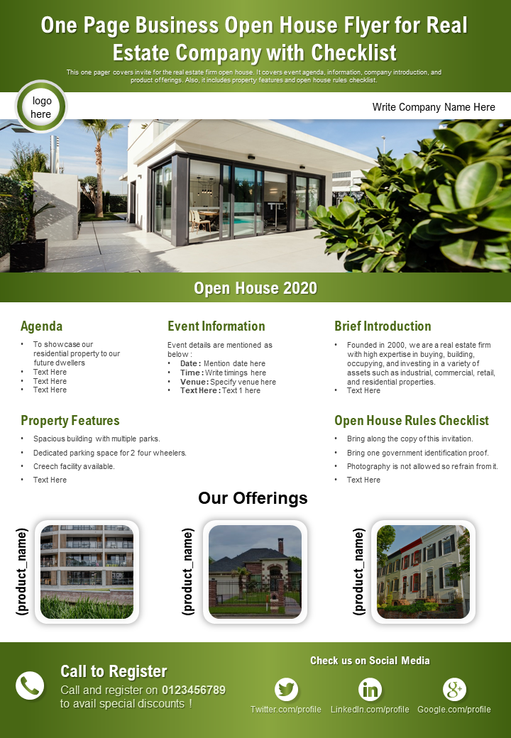 One Page Business Open House Flyer For Real Estate Company With Checklist Report Infographic PPT PDF Document