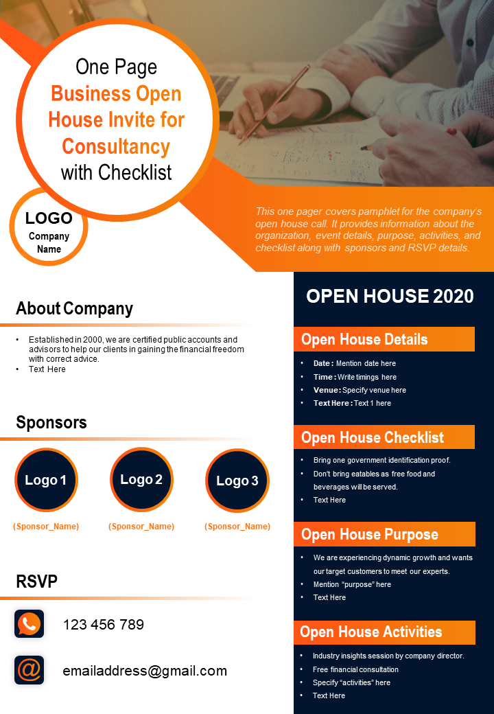 One Page Business Open House Invite For Consultancy With Checklist Presentation Report Infographic PPT PDF Document