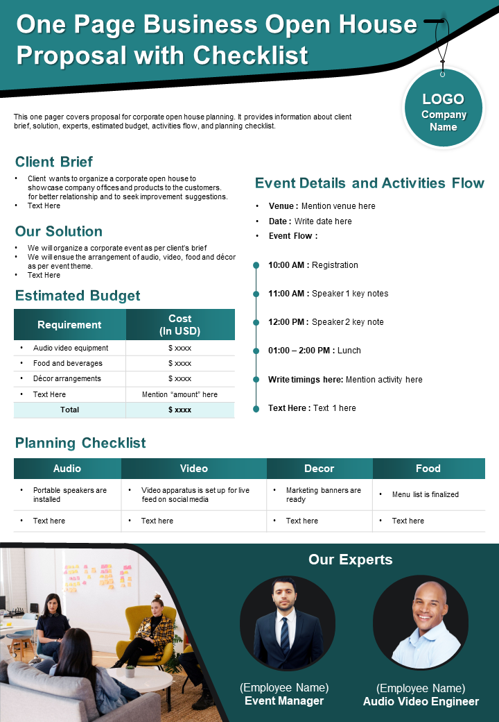 One Page Business Open House Proposal With Checklist Presentation Report Infographic PPT PDF Document