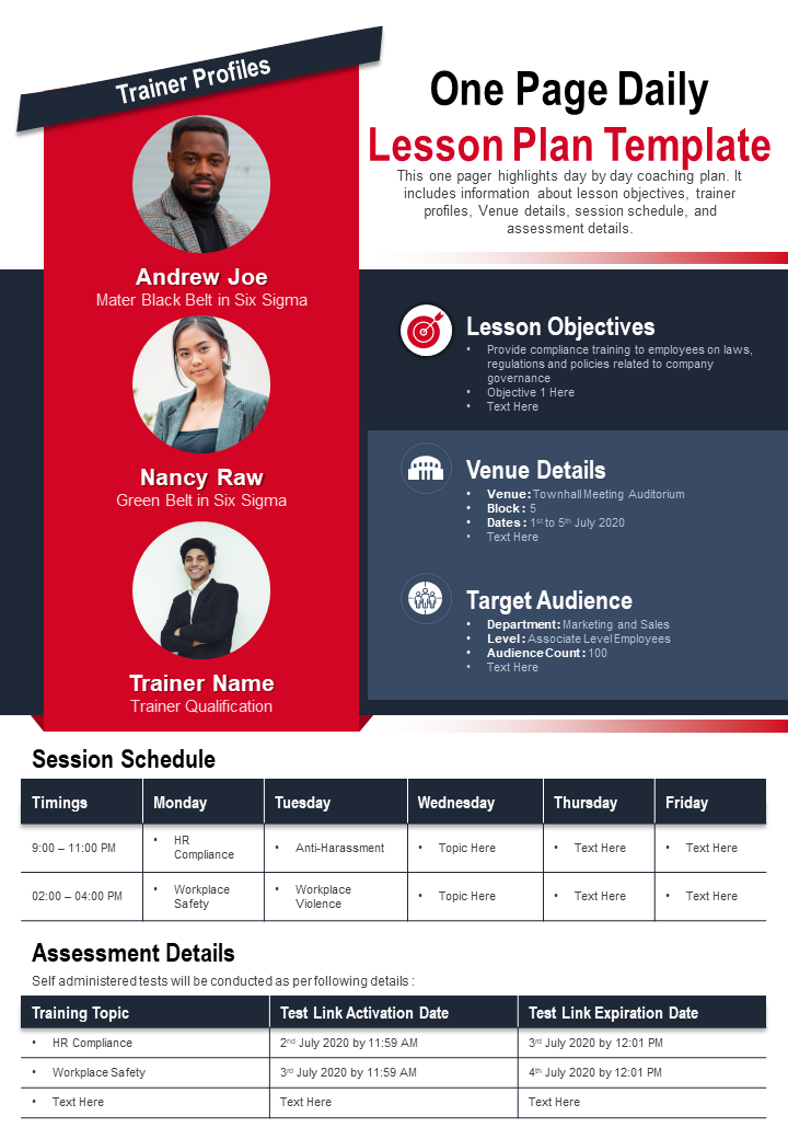 One Page Daily Lesson Plan Template Presentation Report Infographic PPT PDF Document