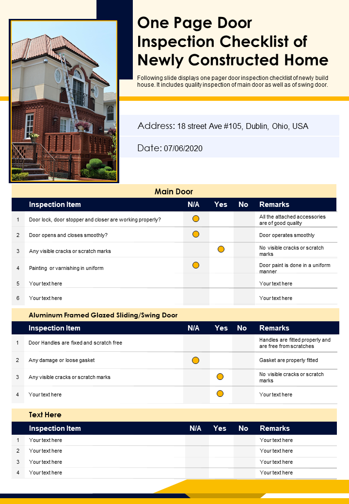 One Page Door Inspection Checklist Of Newly Constructed Home Presentation Report Infographic PPT PDF Document