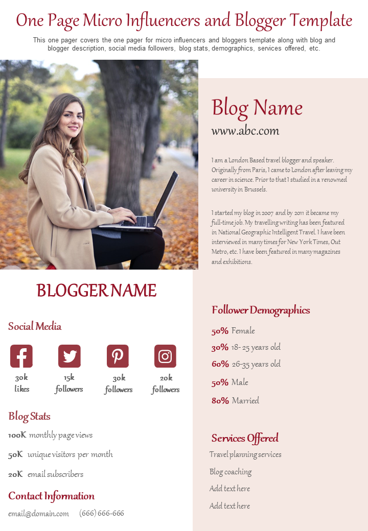 One Page Micro Influencers And Blogger Template Presentation Report Infographic PPT PDF Document