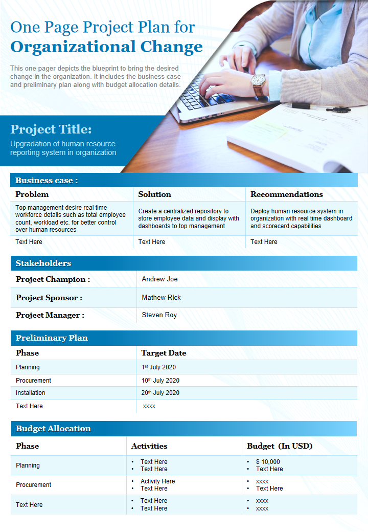 One Page Project Plan for Organizational Change