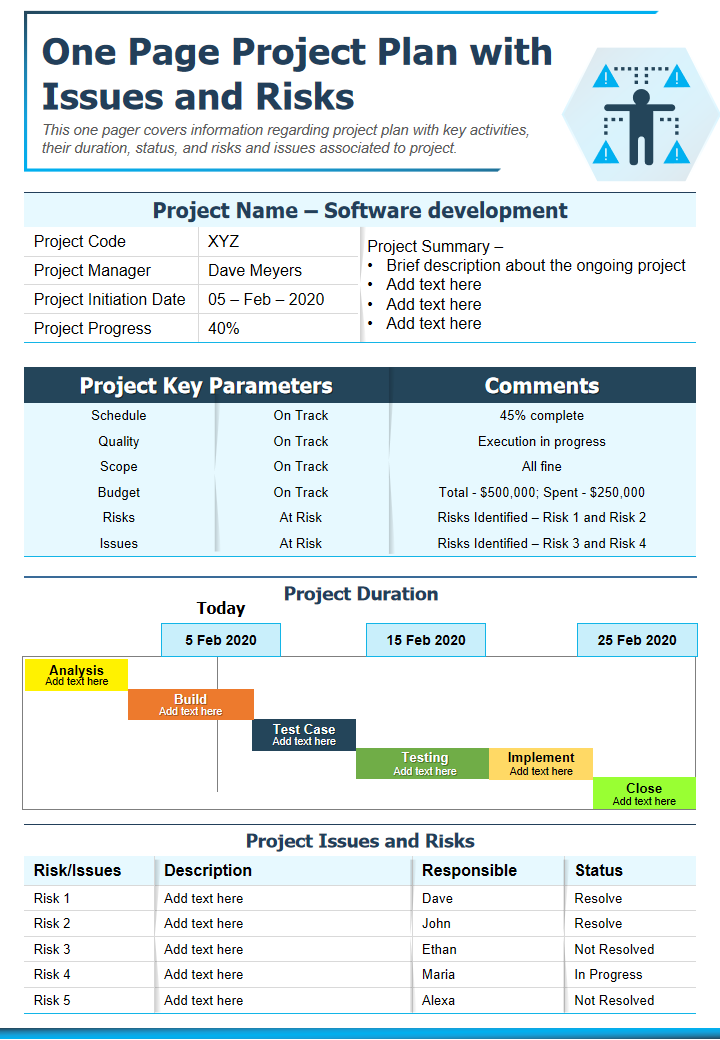 One Page Project Plan with Issues and Risks