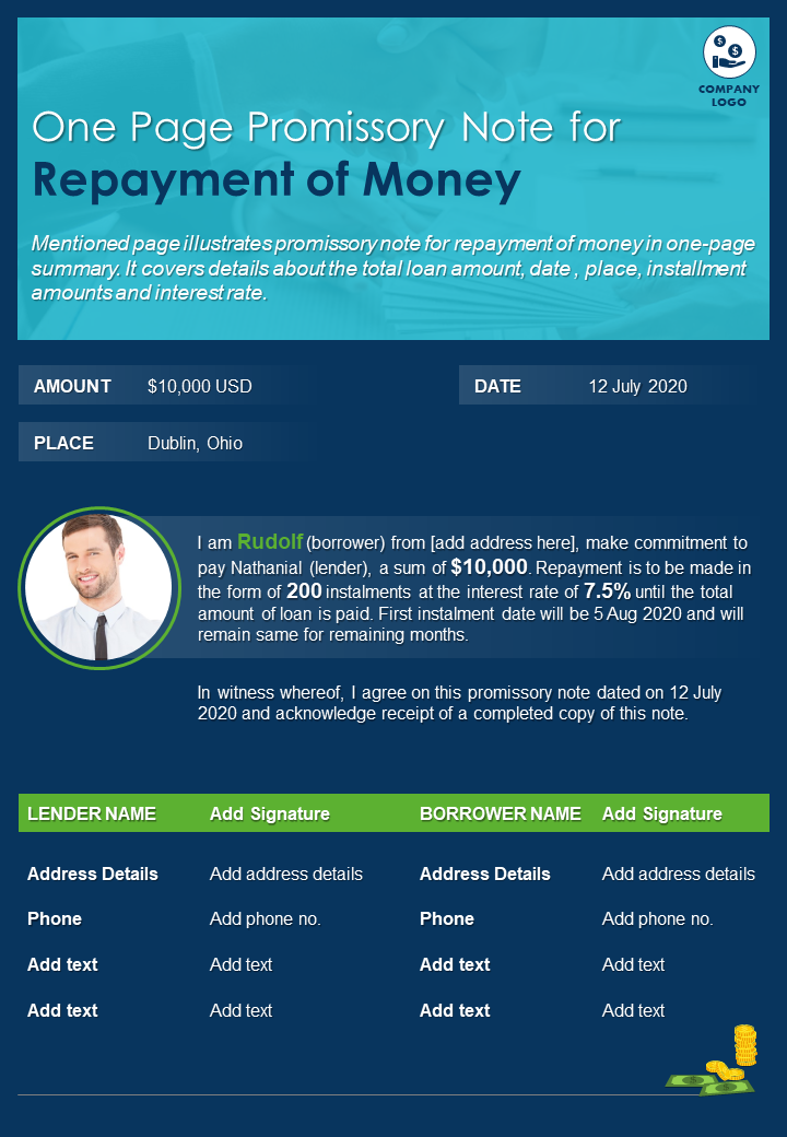 One Page Promissory Note For Repayment Of Money Presentation Report Infographic PPT PDF Document