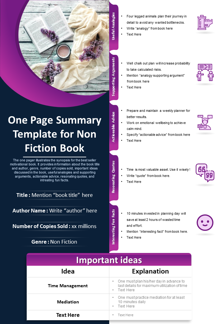 One Page Summary Template For Non Fiction Book Presentation Report Infographic PPT PDF Document