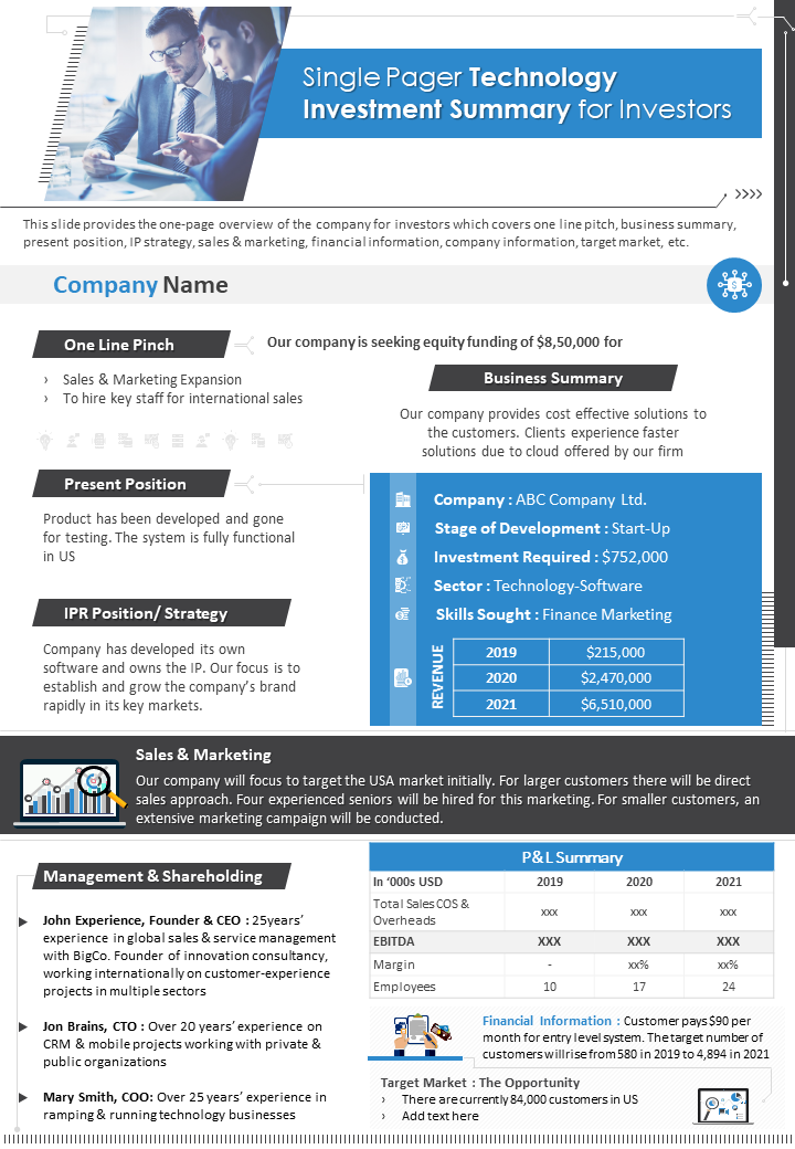 One Page Technology Investment Summary For Investors