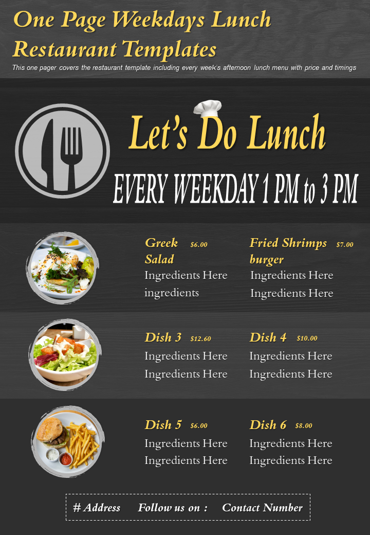 One Page Weekdays Lunch Restaurant Templates Presentation Report Infographic PPT PDF Document