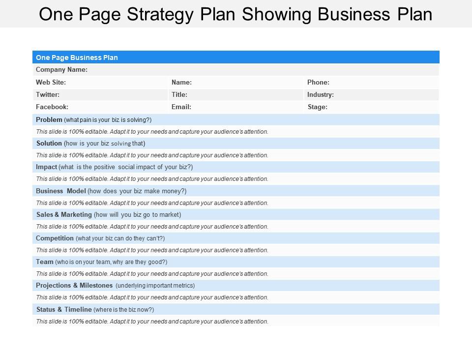 One page strategy plan showing business plan 
