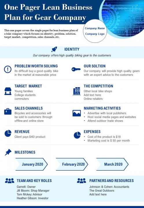 One pager lean business plan for gear company 