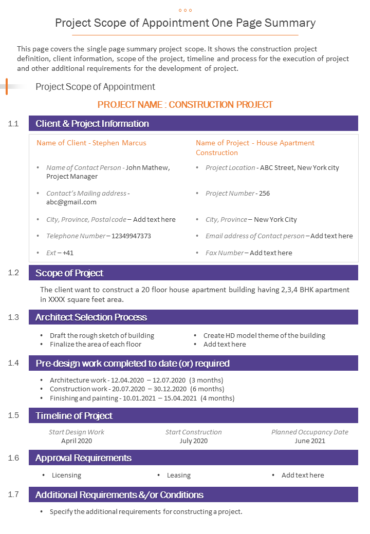 Project Scope Of Appointment One Page Summary