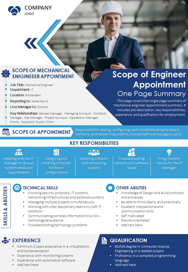 Scope Of Engineer Appointment One Page Summary