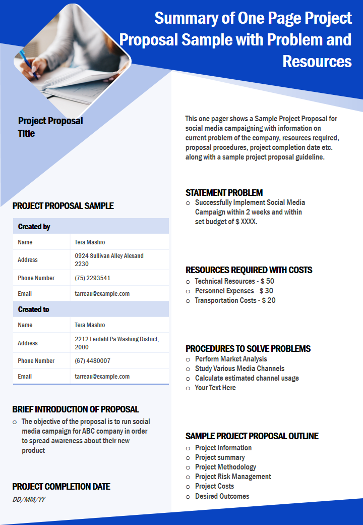 Summary of One Page Project Proposal Sample with Problem and Resources 