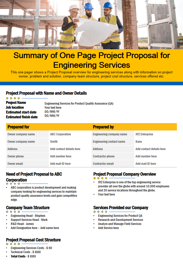 Summary of One Page Project Proposal for Engineering Services