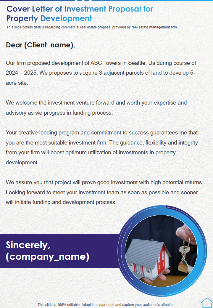 Cover Letter of Investment Proposal for Property Development 