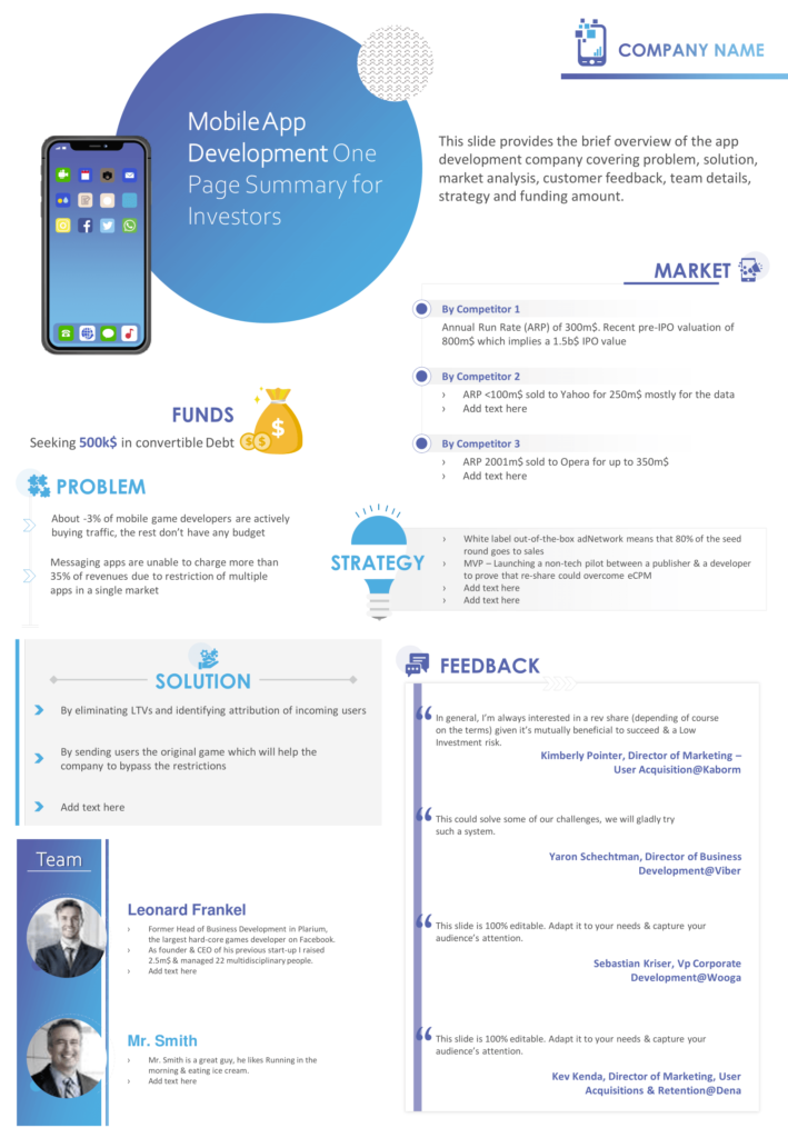 Mobile App Development One Page Summary For Investors
