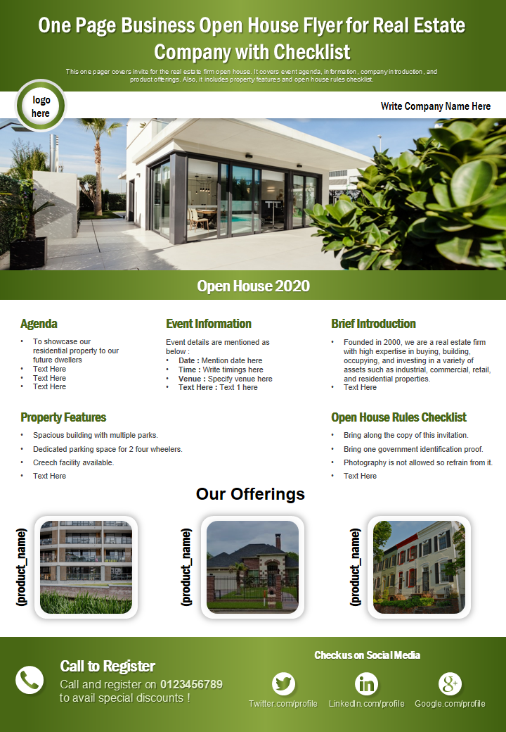 One Page Business Open House Flyer for Real Estate Company with Checklist 