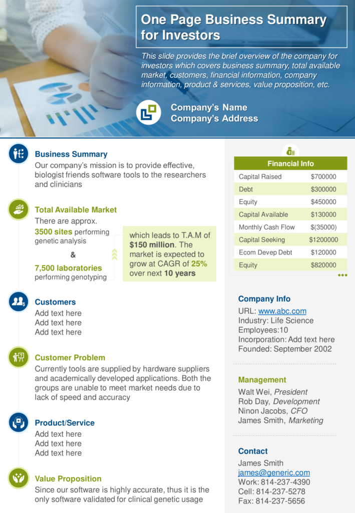 One Page Business Summary For Investors