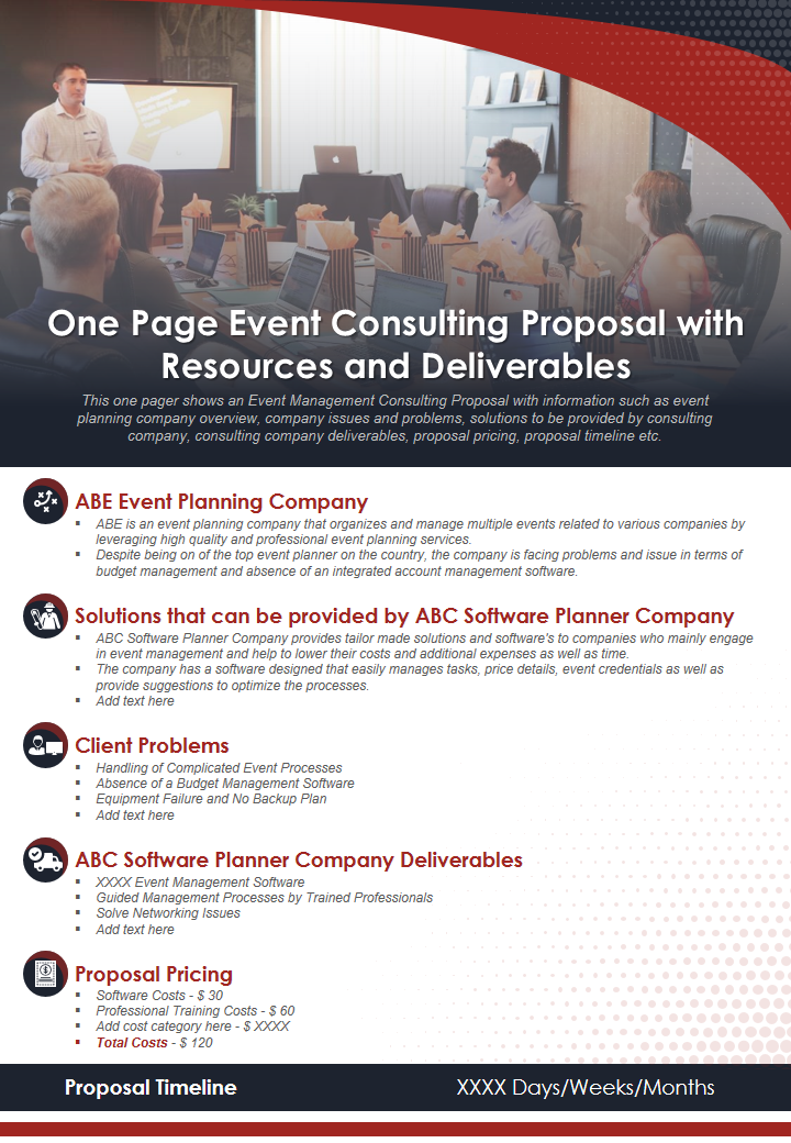 One Page Event Consulting Proposal with Resources and Deliverables 
